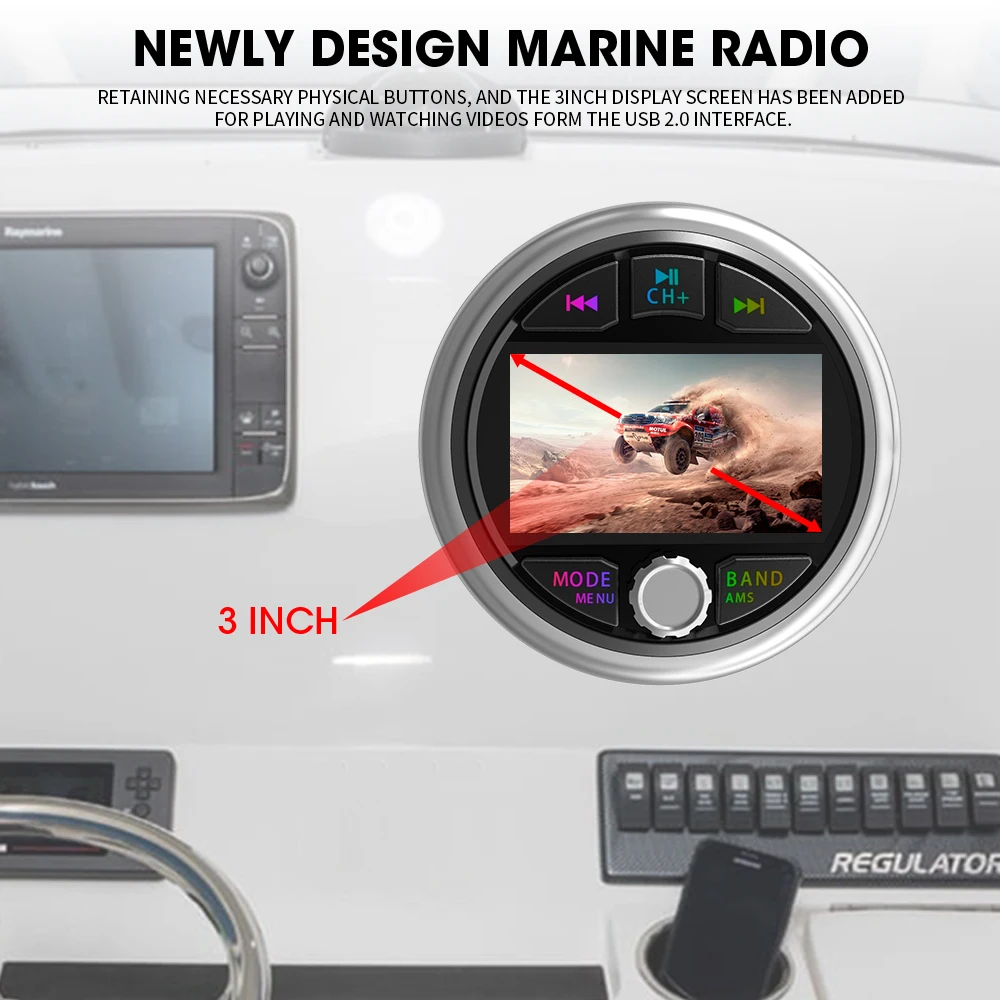 AKAMATE Boat Radio Speaker Antenna Marine Stereo MP5 Media Player AM FM RDS Receiver Bluetooth AUX for RV UTV SPA ATV RZR Boat Radio Speaker
