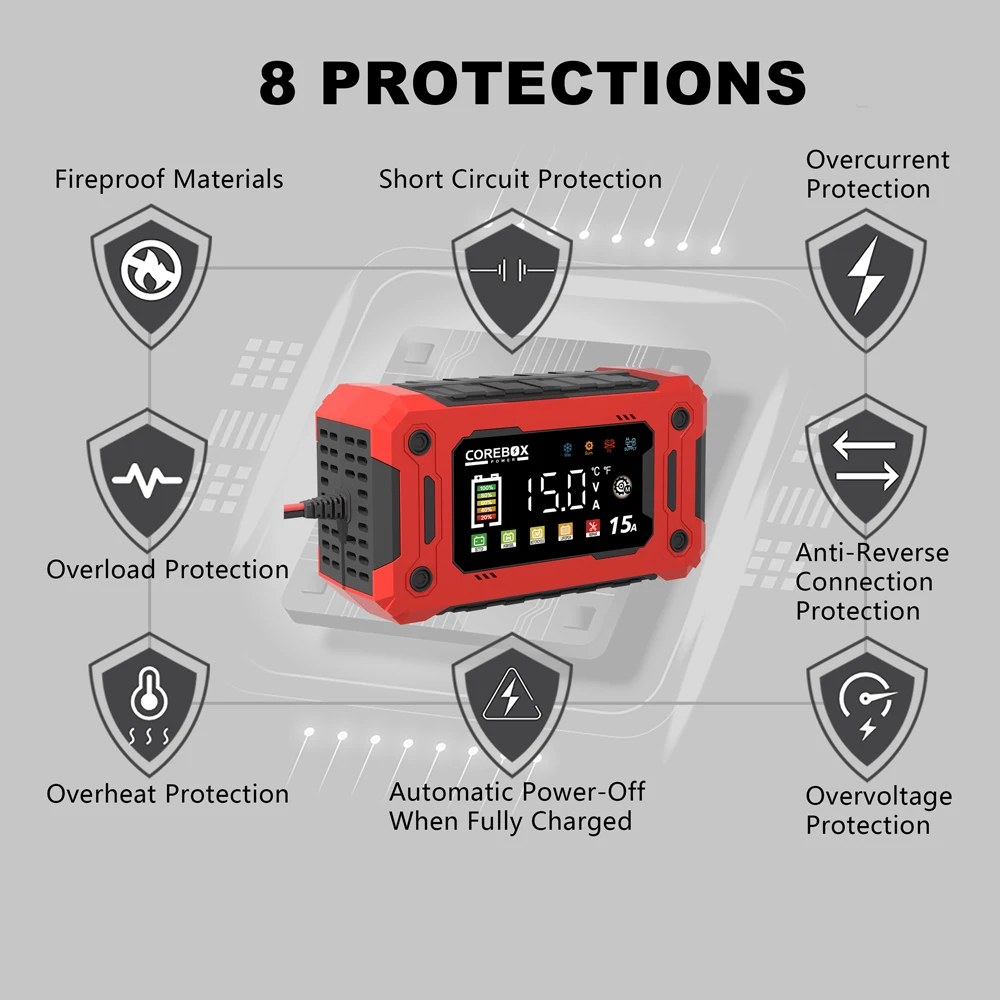 12V 15A 8A Smart Battery Charger For Car Moto LiFePO4 Lead Acid AGM GEL LED Digital Touch Screen Lithium iron Battery Chargers