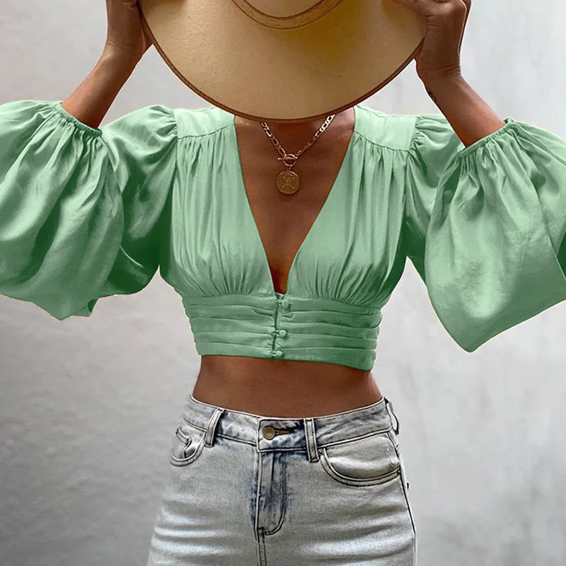 

Women S V Neck Women S Solid Color Sexy Long Sleeved Deep V Short Top