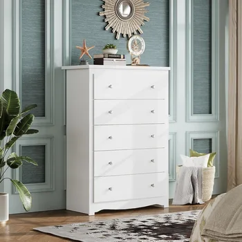 White Wood Dresser with 5 Drawer, Cabinets Dressers Wood Dresser Cabinet, Organizer Drawers for Bedroom, Living, Hallway, Measu 6