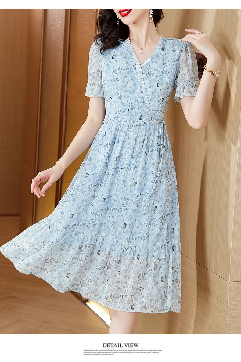 ※7/13日以降発送‼️ ROBE de FLEURS ビーチランジェリー ブルー Women's Blue Floral Chiffon Butterfly Sleeve Midi Dress