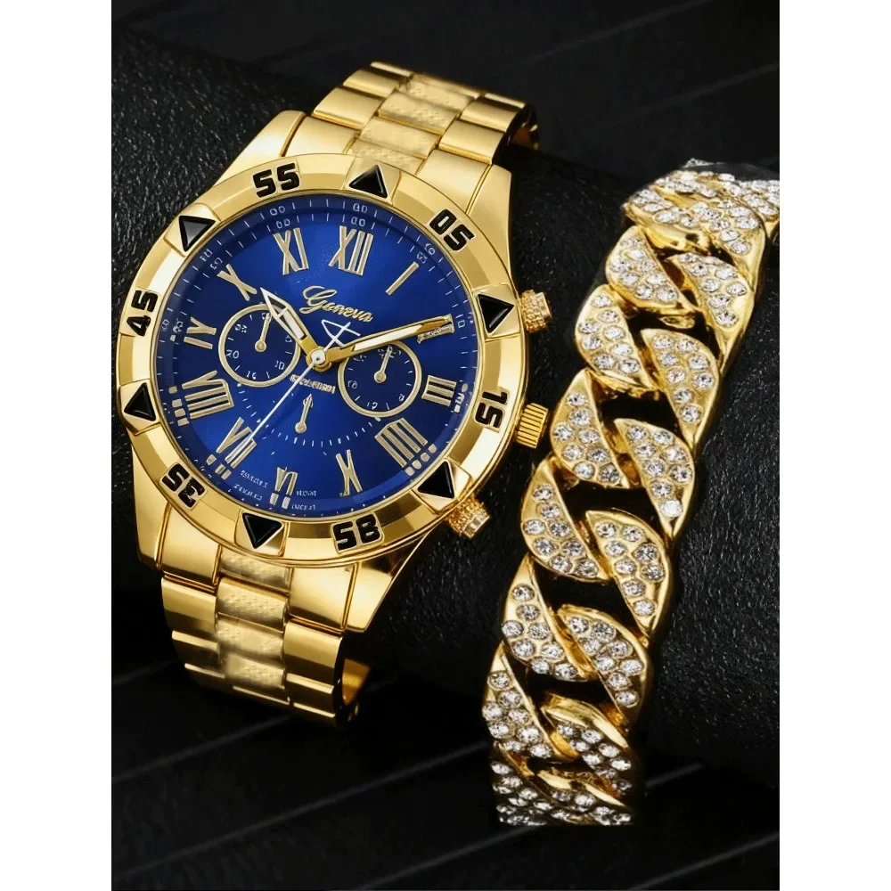 2-piece men's fashionable large dial watch set with steel strap and quartz watch for men