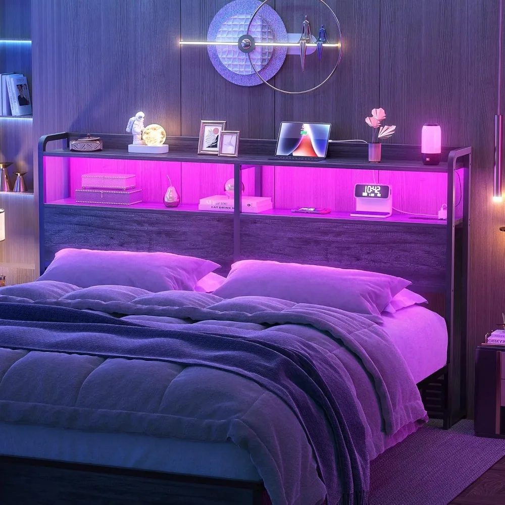 Headboard for Queen Size Bed Frame, Headboards with Outlets, USB Ports and LED Light, Head Board with Storage, Height Adjustable