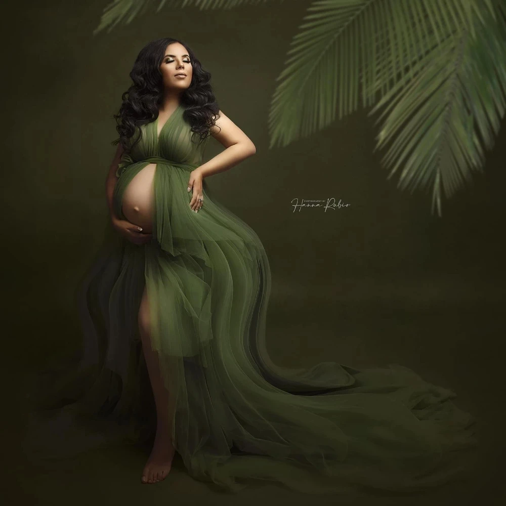 

Elegant Army Green Tulle Maternity Dresses for Photo Shoot See Thru Halter Pregnancy Dress Photography Maternity Gown Babyshower