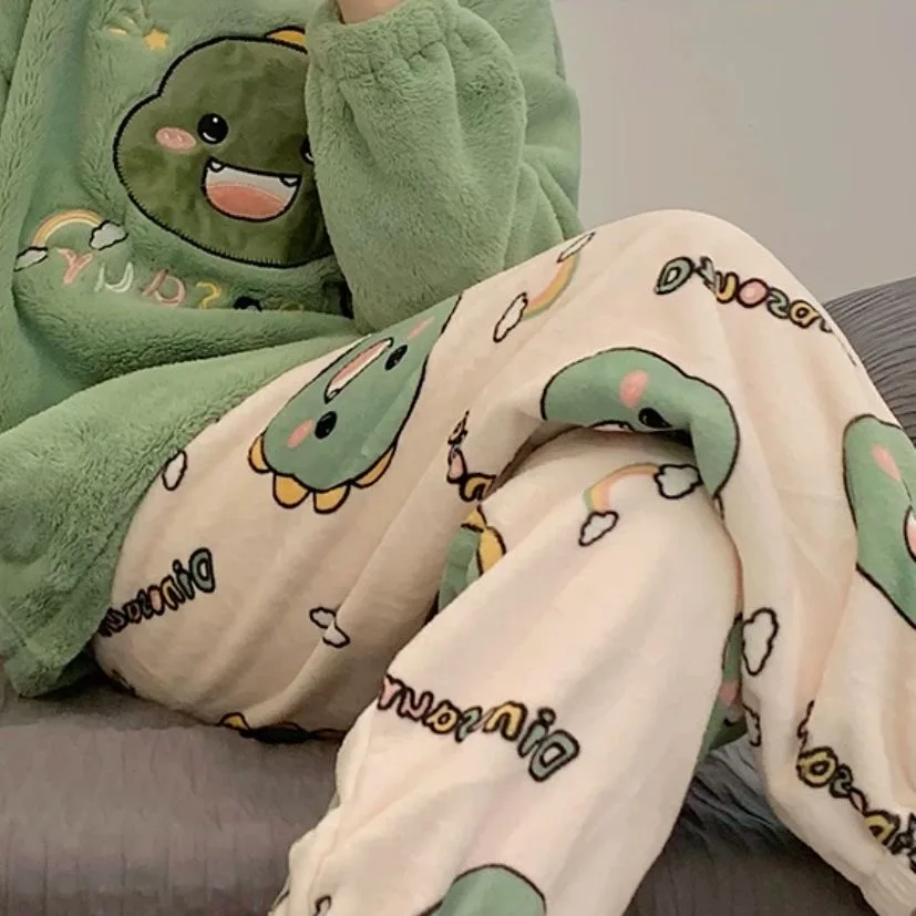Bear Print Pajama Pants Casual Home Trousers For Winter Women Girls Sweat Cute Cartoon Homewear Y2K Loose Thick Fannel Sleepwear