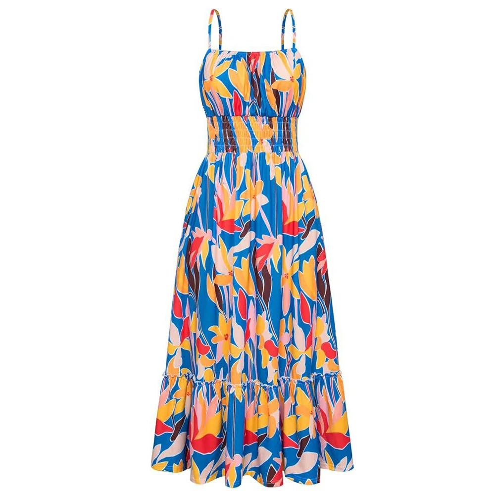thumbnail image 1 of Vestido largo de verano con estampado floral, tirantes finos, corpiño fruncido, cintura fruncida, elegante vestido bohemio de playa para mujer, 1 of 5