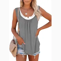 2024 summer new Europe and the United States women's blouse solid color patchwork sleeveless pleated vest T-shirt - Image 2