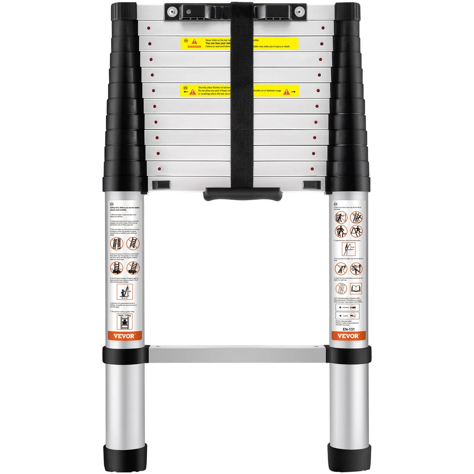 VEVOR Telescoping Ladder 12.5 FT Aluminum One-Button Retraction Collapsible Extension 375 LBS Capacity w/Non-Slip for Home RV Folding ladder
