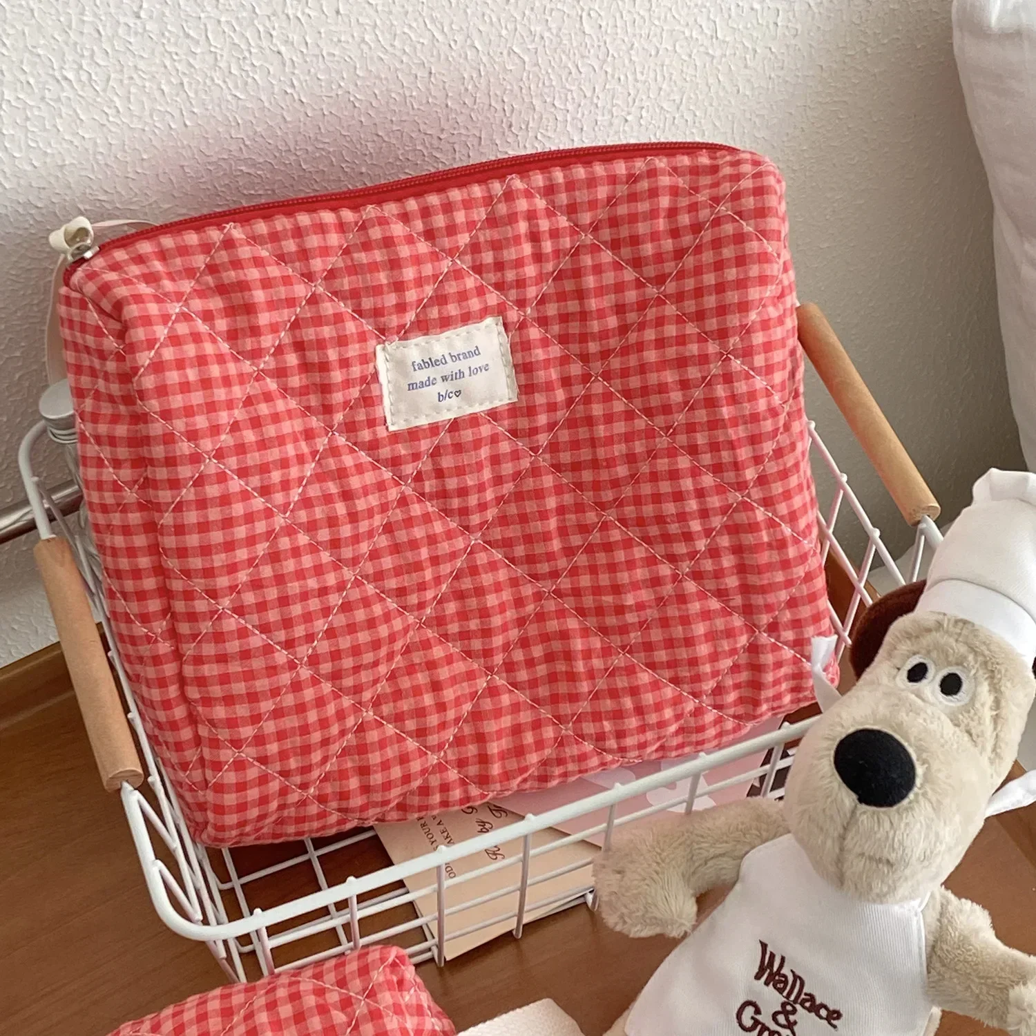 Retro Plaid Ladies Cosmetic Bag Quilted Cotton Women's Travel Storage Bags Portable Female Clutch Purse Large Capacity Handbags 5