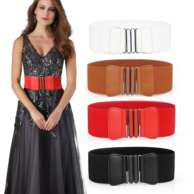 

Wide Elastic Belt Solid Color Corset Belt Metal Buckle Lady Fashion Cummerbands Stretch Cinch Waistband Women Waist Belt