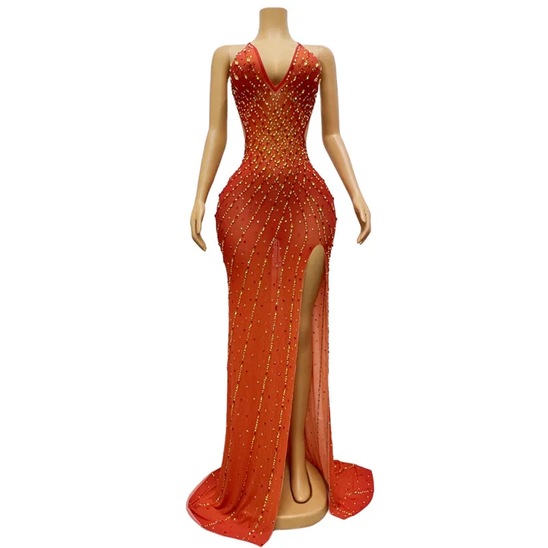 

Luxury Birthday Prom Party Outfit Women Singer Model Show Stage Costume Sexy Transparent Backless Rhinestones Split Long Dress