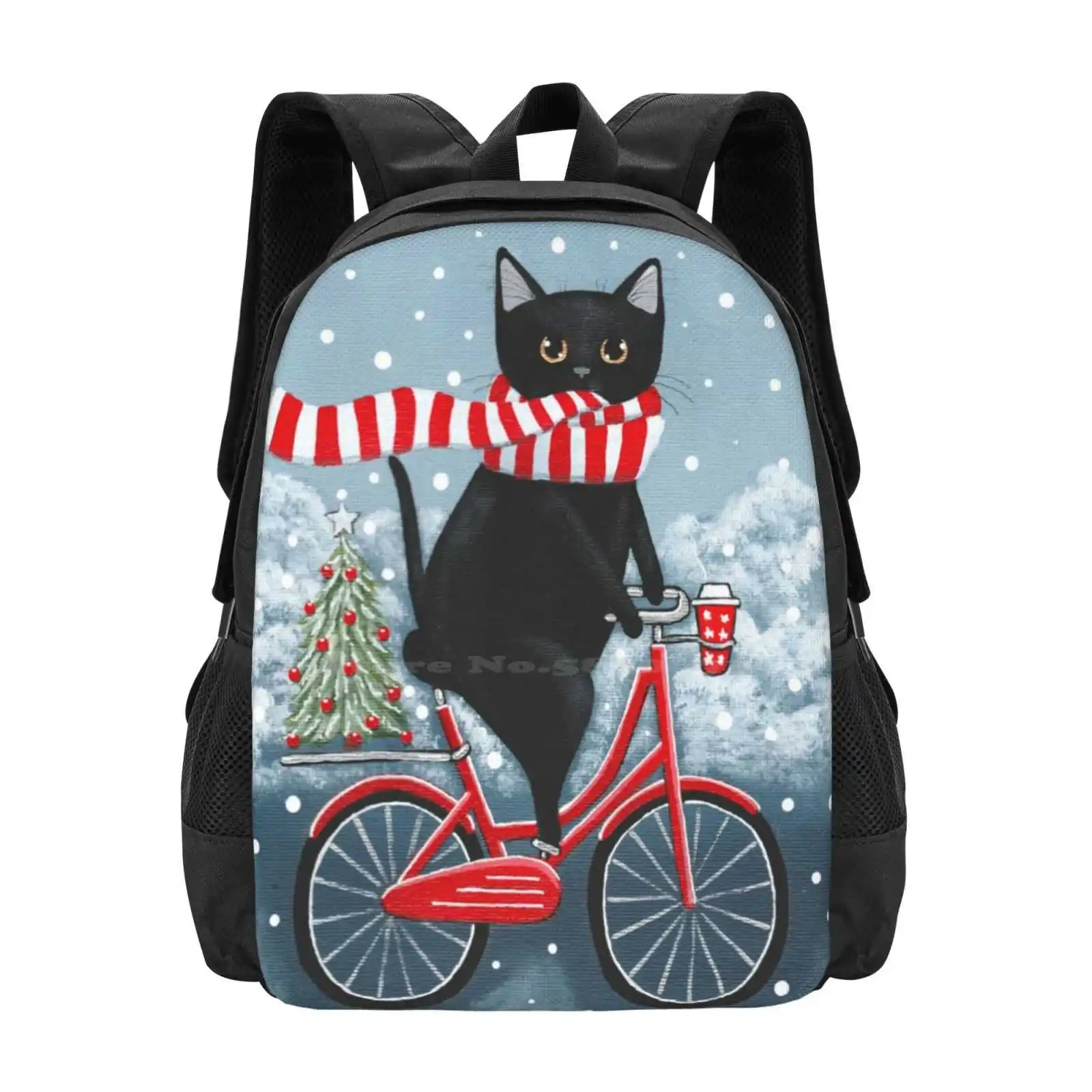 

Модный дизайнерский рюкзак для поездок на велосипеде, с принтом черной кошки, школьный рюкзак для ноутбука, оригинальное народное искусство, Рождественская елка