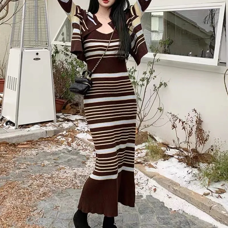 

Spring Women Fashion Two Piece Set Stripe Knitted Long Sleeve Cardigan Tops And Sexy Sheath Sling Dress Elegant Suit Female