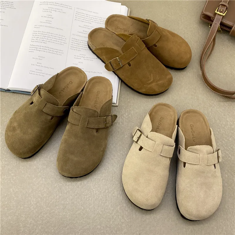 

Mr Co Fashion Boston Clogs Women's Suede Slippers Genuine Leather Round Toe Slippers Outdoor Casual Beach Cork Insole Sandals