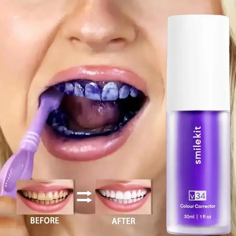 

30ml V34 Purple Whitening Toothpaste Remove Stains Reduce Yellowing Care For Teeth Gums Fresh Breath Brightening Teeth 2023