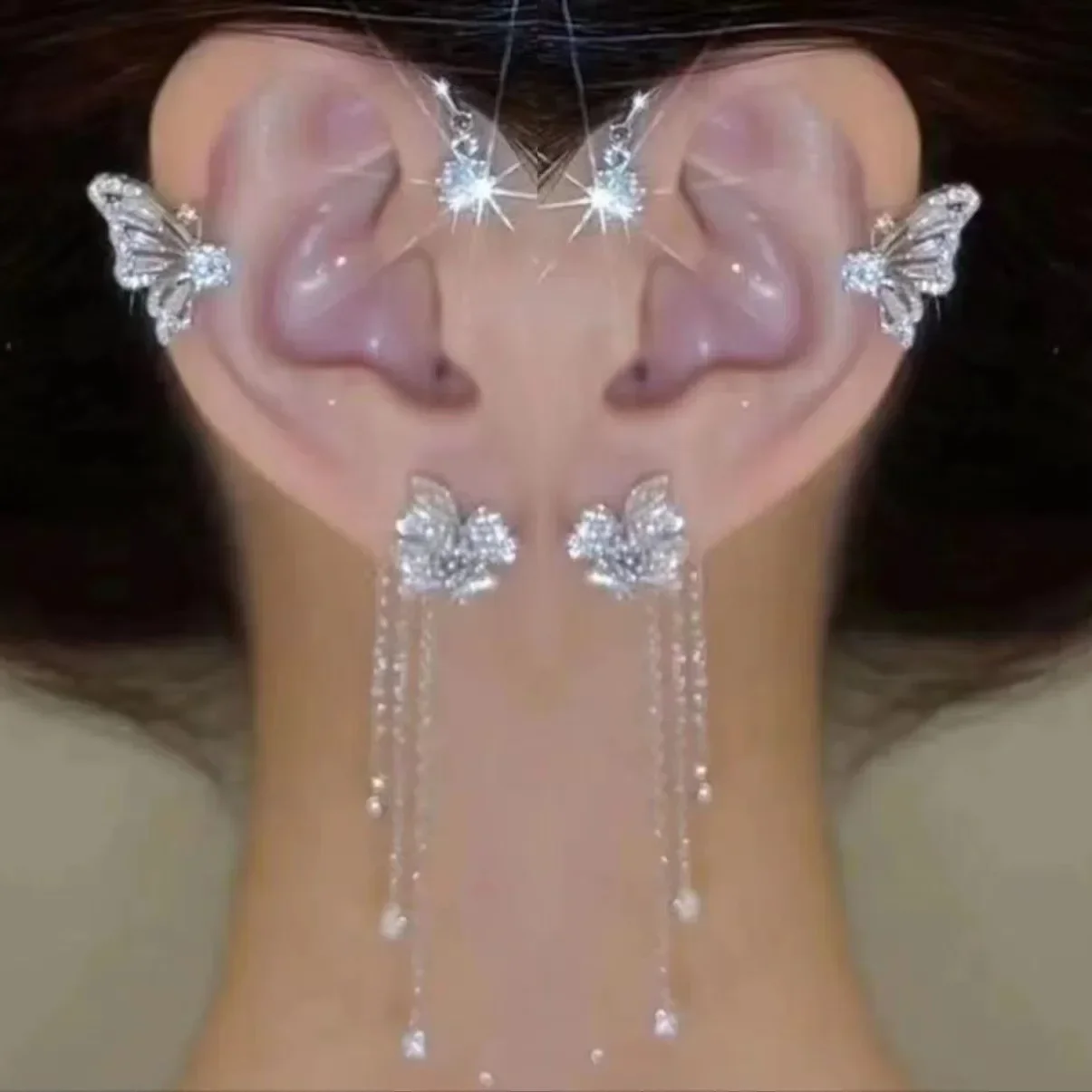 Sbc7360184f484447a00f7cecb183a8376 Shiny Zircon Butterfly Ear Cuff Gold Color Tassel Clip on Earrings for Women Korea Style Copper Earring Without Piercing Jewelry Mallzona