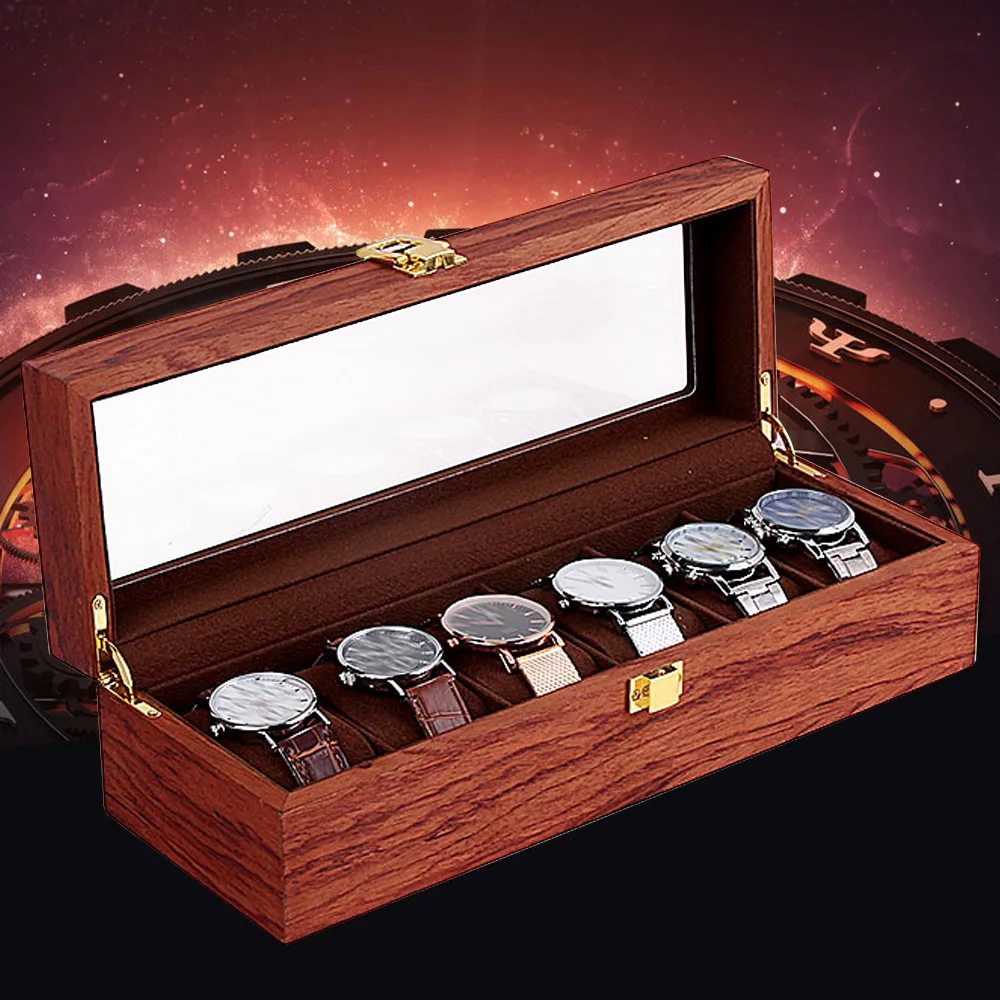 6/10/12 Slot Organizer Wood Watch Box Glass Top Vintage Display Jewelry Storage Box Gift