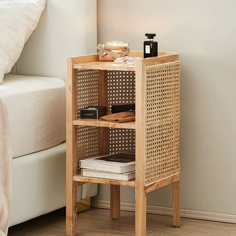 Nordic Double Layers Bedside Table Solid Wood Vine Weaving Storage Cabinet Bedroom Homestay Side Table Ins Modern Furniture