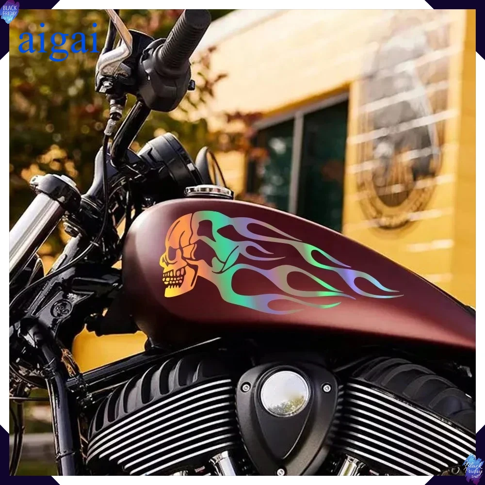 Flame Skull Reflective Motorcycle Tank Decal Stickers - Waterproof Decorative Accessories (Set of 2)