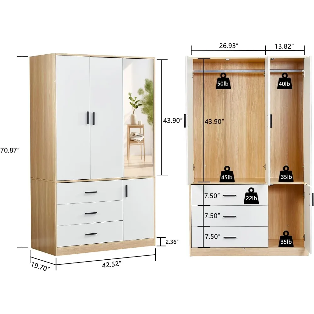 Armoire Wardrobe Closet with Mirror, 3 Door 3 Drawers Wood Closet Wardrobe Cabinet, with Hanging Rod Children's Wardrobes 3