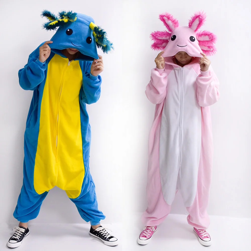 Couple Cute Onesies Halloween Salamander Pajama Black White Animal Kigurumis Women Men Cute Outfit Zipper Jumpsuit