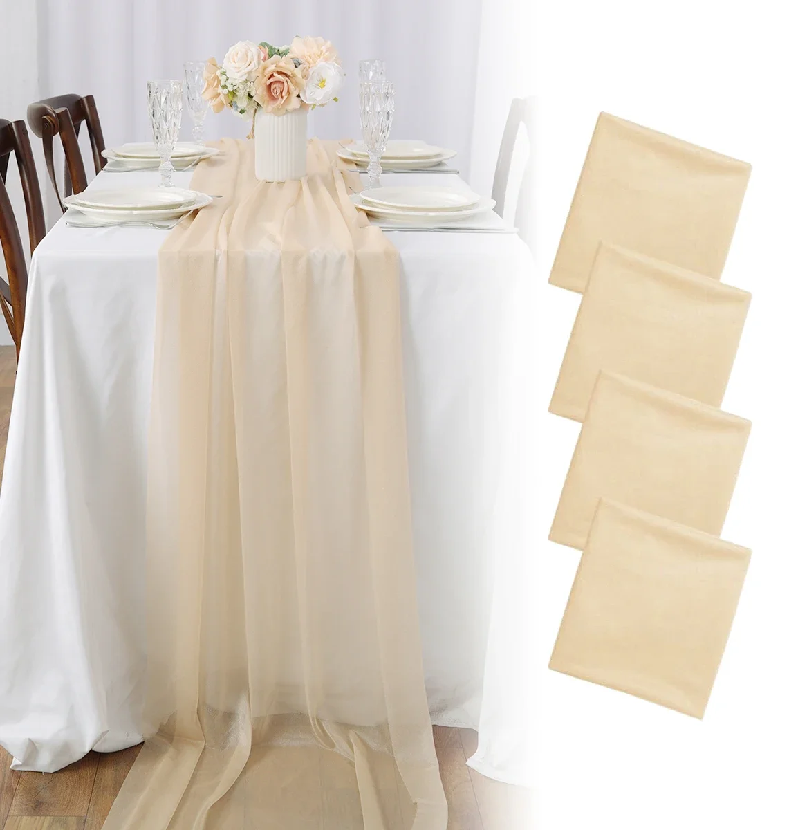 4pcsBeigeGauzeTableRunnerBulk70x300cmChiffonLikeWeddingParty