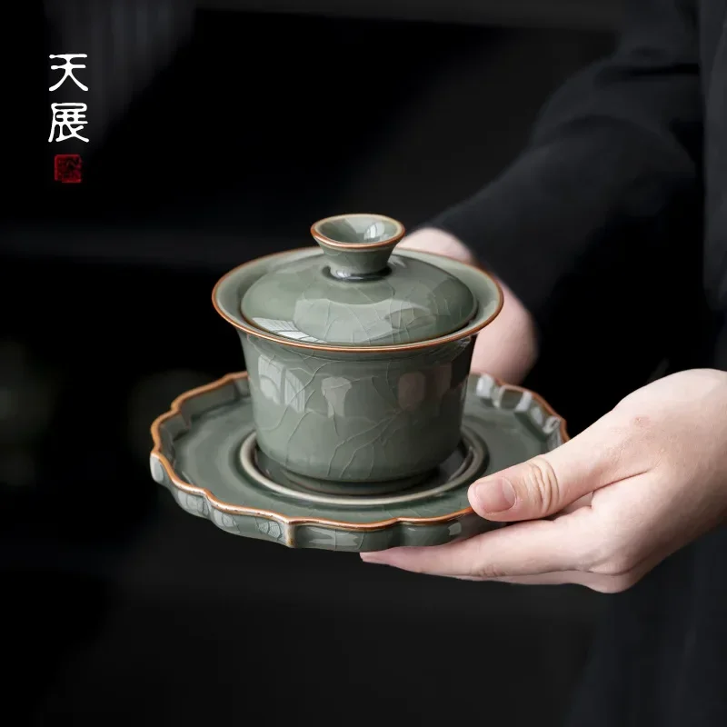 Ceramic Sancai Gaiwan Handmade Crackle Glaze Tea Cups Chinese Tea Bowl Teaware Set Cup Home Decor Gongfu Tureen