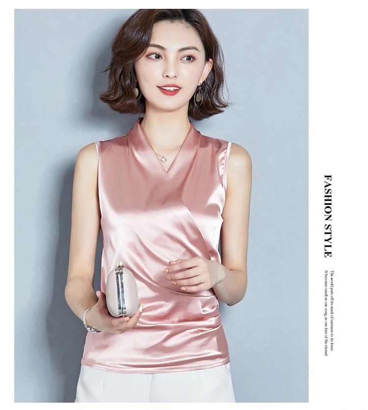 New Smooth Satin Female Sleeveless Blouse V-neck Top Slim Fit Outside Shirts