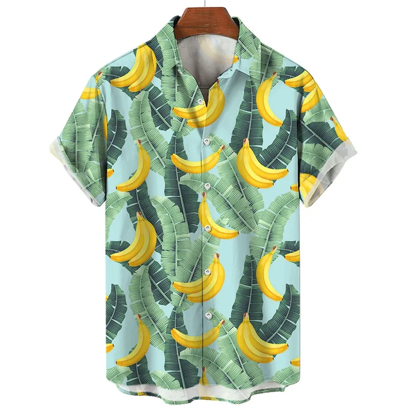 thumbnail image 1 of Camisa hawaiana con estampado de frutas y plátanos para hombre, camisas hawaianas con estampado 3D de limón y naranja, blusas casuales de calle con solapa, blusa holgada de manga corta, 1 of 4