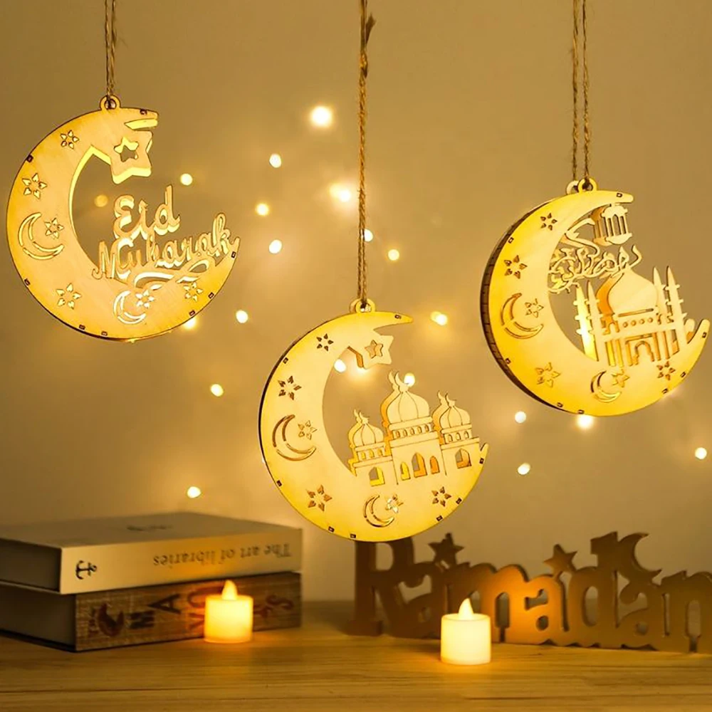 

Ramadan Decoration Light Wooden Moon Hanging Pendant Ornaments With Candle Lights Ramadan Kareem Gifts DIY Craft Party Supplies