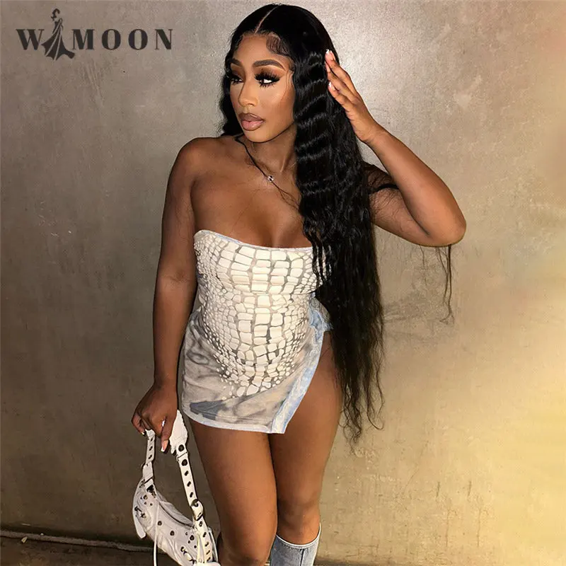 

Trendy Square Crocodile Skin Texture Print Skinny Split Mini Dress Sexy Sleeveless Body-shaping Dresses Lady Clubwear Bodycon