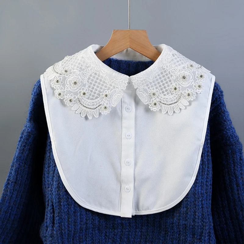

Women Lapel Shawl Fake Collar Dickey Embroidery Diamond Lace Half Shirt