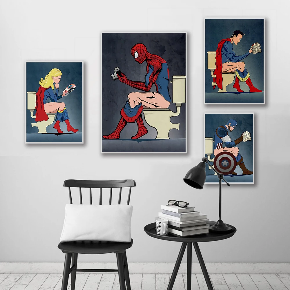 Marvel Superhero Character Read Magazine In The Toilet Painting Cartoon