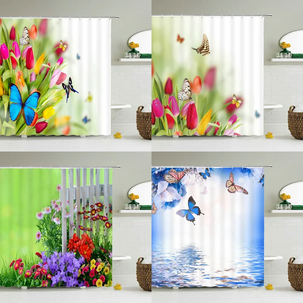 

Водонепроницаемая занавеска для душа, занавеска в ванную комнату с 3D изображением свежих цветов, бабочек, с крючками, штора для купания, домашний декор