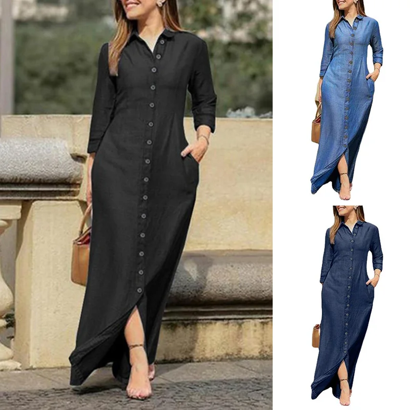 

Summer Women's Denim Dress Elegant Fashion Long Sleeve Polo Button Cardigan Solid Color Long Casual Dress 5XL