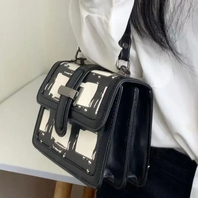 JIAERDI Black Fashion Handbag Women Personalized Graffiti Square Shoulder Bag Ladies High End Versatile Niche Crossbody Bag 2025