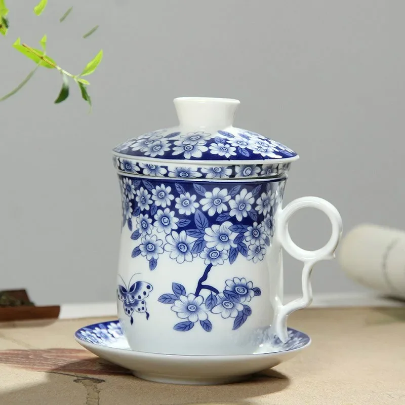 Retro Chinese Blue White Porcelain Tea Cup Set with Saucer Lid Infuser 260ml Ceramic Teacup with Tea Filter teapot cup set