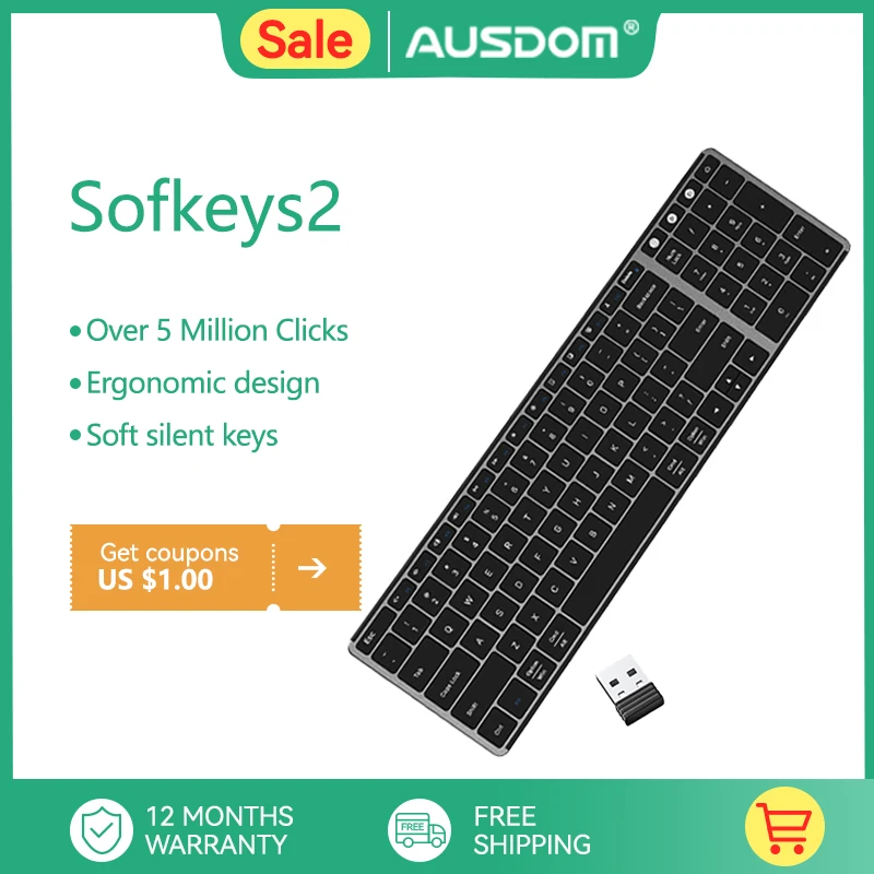 Ausdom-teclado sem Fio Duplo Bluetooth 5.0 Computador Laptop Negócios Escritório Casa Computador Estreia Mundial 2.4g Sofkeys2 98chaves