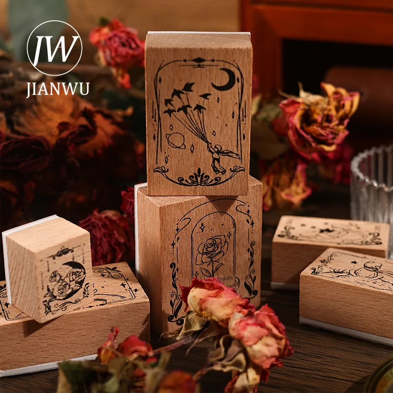

JIANWU 6 Pcs/set Rose Prince Series Vintage Wooden Rubber Stamp Set Creative DIY Journal Printing Decor Material Stationery