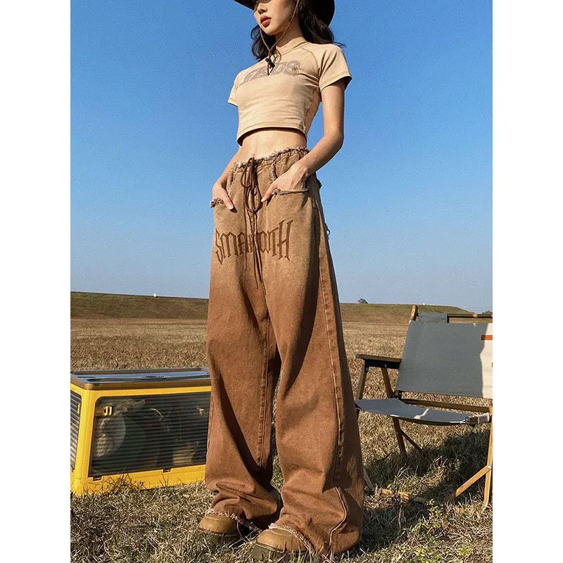 

American Y2K Vintage Raw Edge Design Straight Jeans Women's Letter Print Drag Pants Brown Wide-legged Fashion Pants