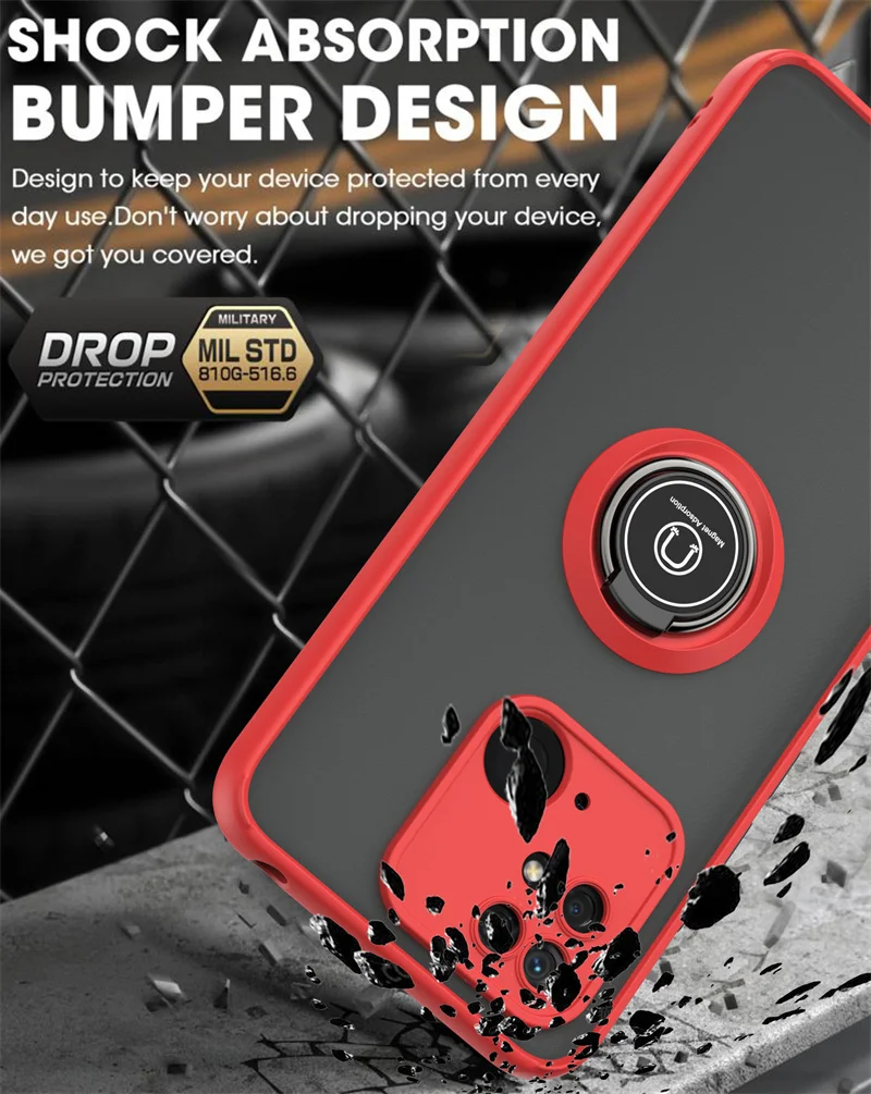 Shockproof Matte Phone Case with Magnetic Ring Stand Holder and Armor Protection