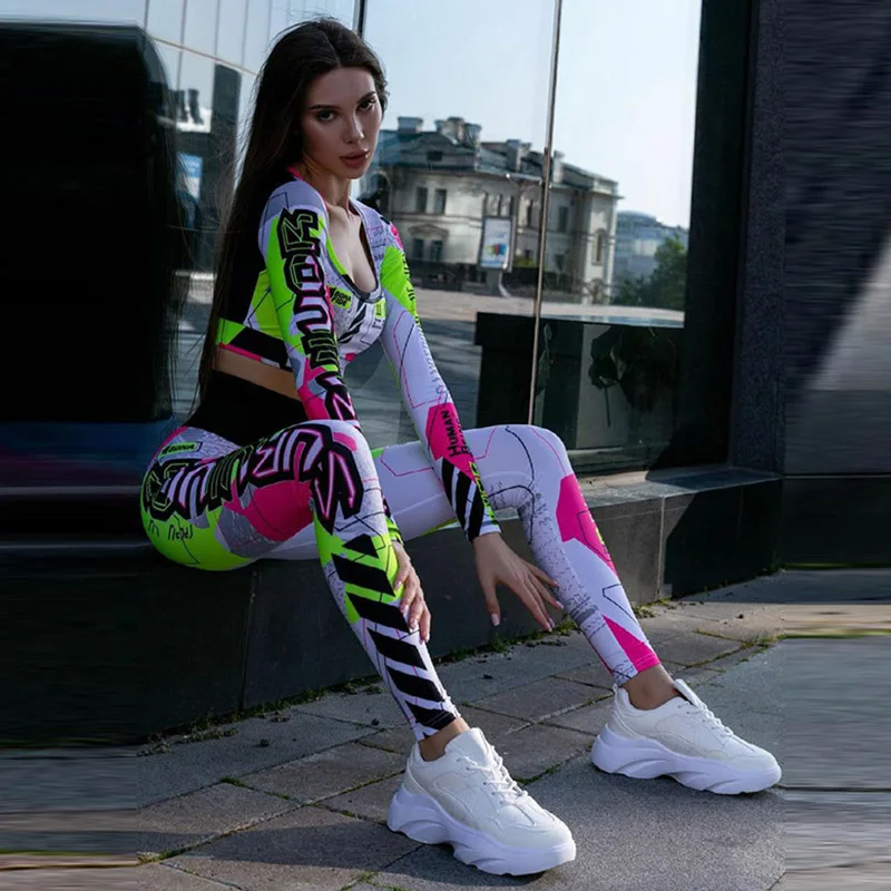 Krismile Women Fashion Color-Block Letter Print Long Sleeve Tops & Skinny Pants Suits Spring Summer Sportswear Sports Set