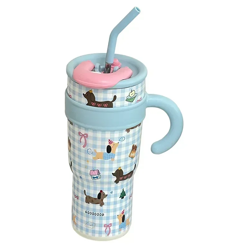 1200ml Cute Water Bottles Large Capacity Thermos Bottle with Straw 700ml Coffee Cup Birthday Gift Travel Mugs with Handle