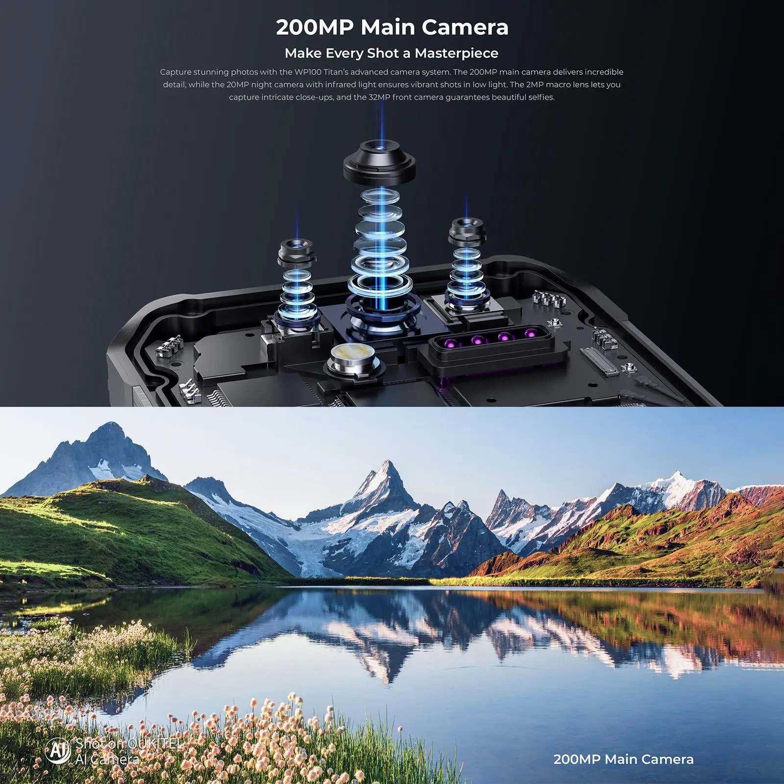 Oukitel WP100 Titan 5G Rugged Smartphone Projector 200MP Camera 33000mAh 66W 16GB+512GB 6.8'' 120Hz Camping Light Android 14 NFC