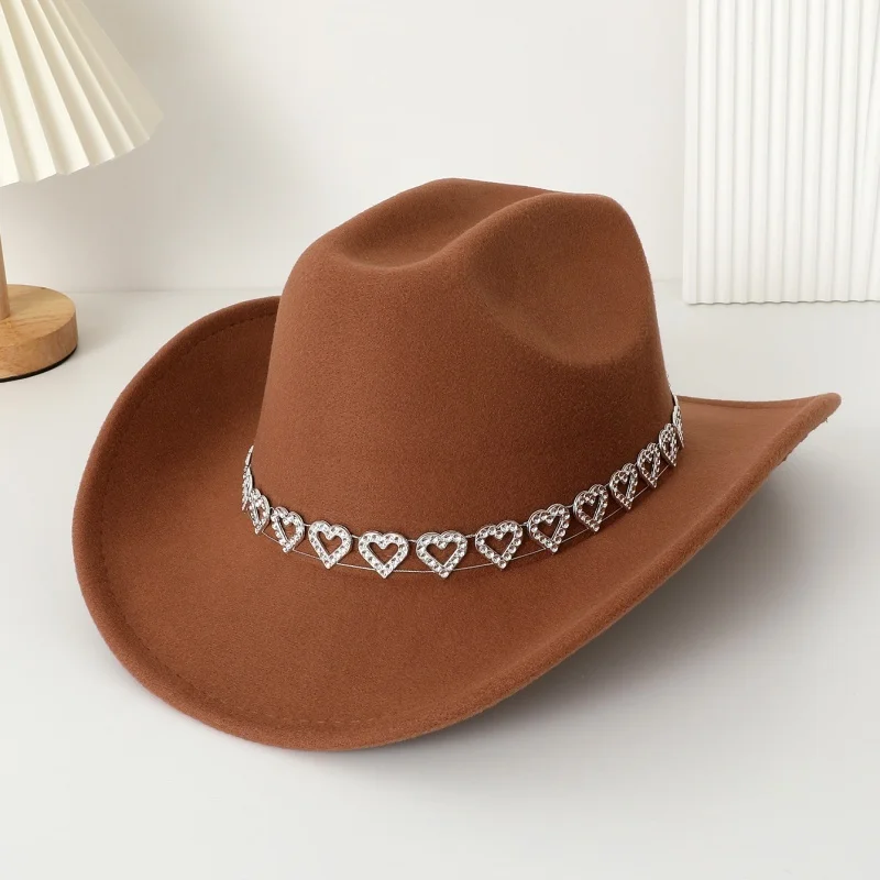 Lamuusaa y2k Women Rhinestone Heart Cowgirl Hat Wide Brim Western Hat Themed Party Cap Accessories