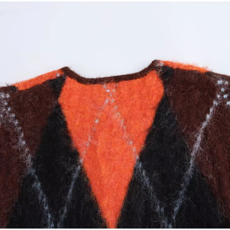 Mohair O-neck Contrast Color Knit Sweater Women Geometry Print Long Sleeve Loose Single-breasted Knitwear Lady All-match Top _