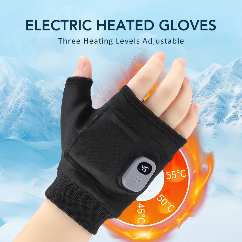 1 Pair Unisex Rechargeable Electric Heated Winter Gloves Half Finger Touchscreen Compatible Warm Outdoor Mitten for Hiking Sport