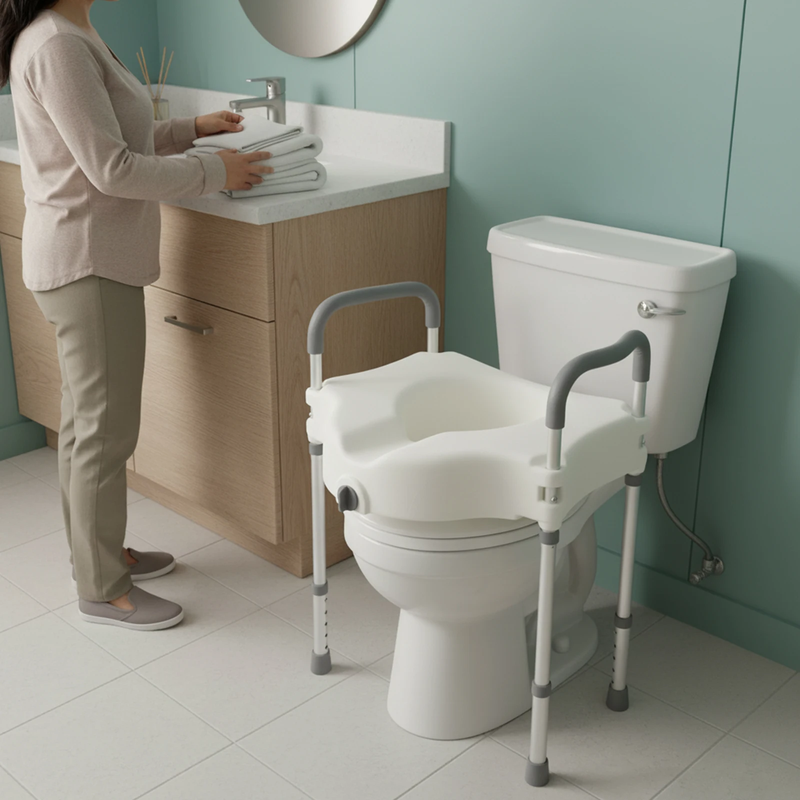 Höhenverstellbarer Toilettensitz-Aufsatz mit Sicherheitsgeländern für Senioren, Toilettenarmlehnen für unabhängige Mobilität und Stabilität im Badezimmer – Detail 2