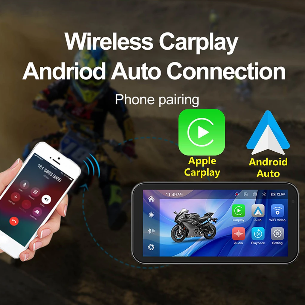 Waterproof 6.25 Inch Portable Motorcycle Recorder for Apple CarPlay Android Auto Mote Smart Display GPS Navigation Dual BT