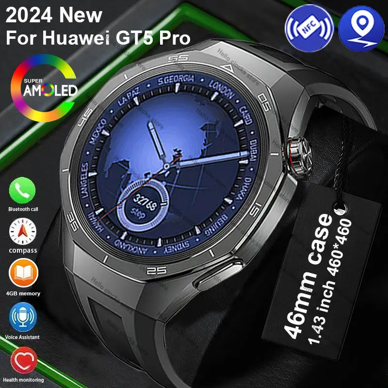 Smart Watch For Huawei GT5 Pro Men GPS Navigation AMOLED 4GB NFC Compass Clock Bluetooth Call